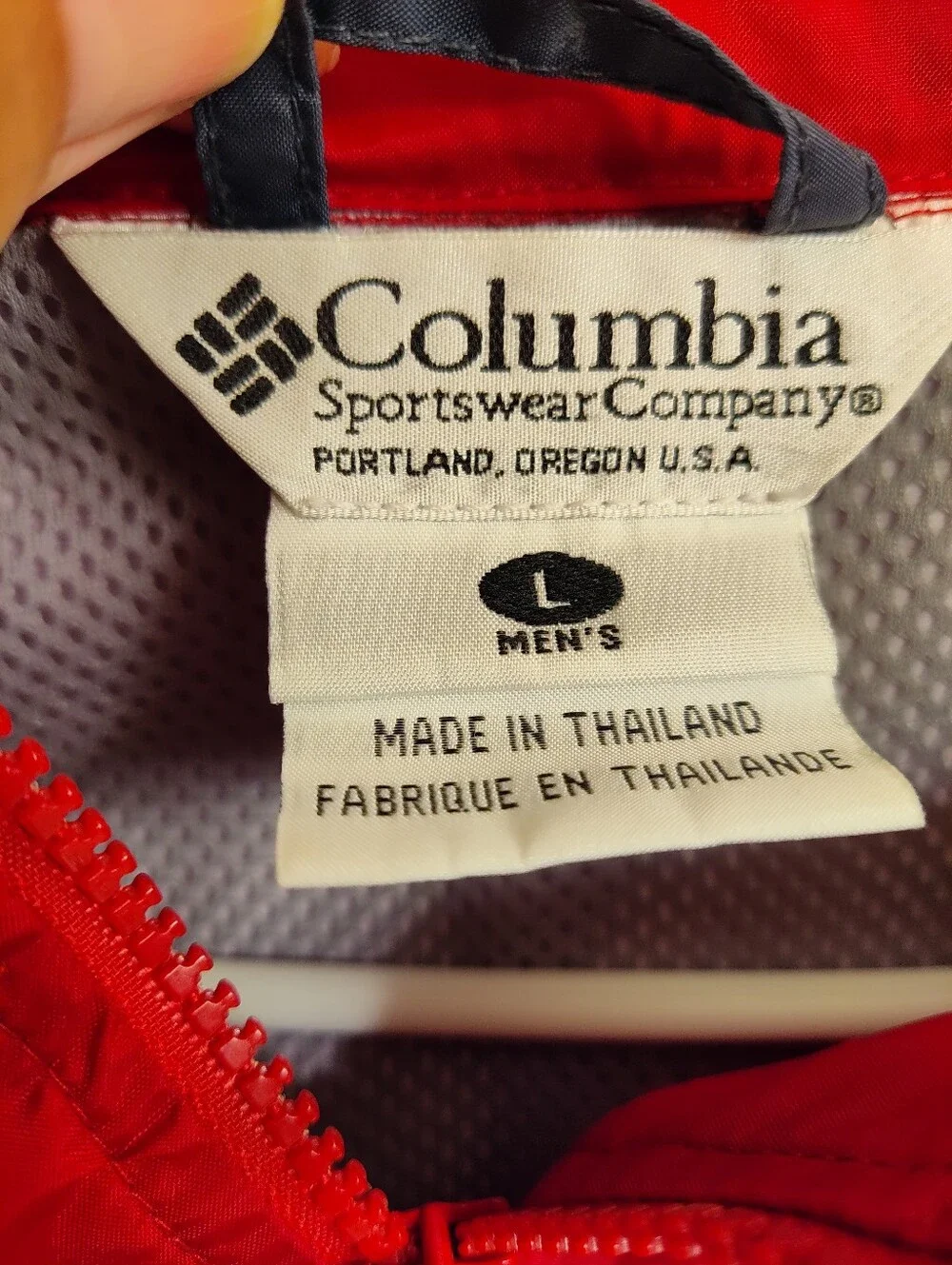 Columbia Red Hooded Windbreaker with Navy and Gray Stripes
